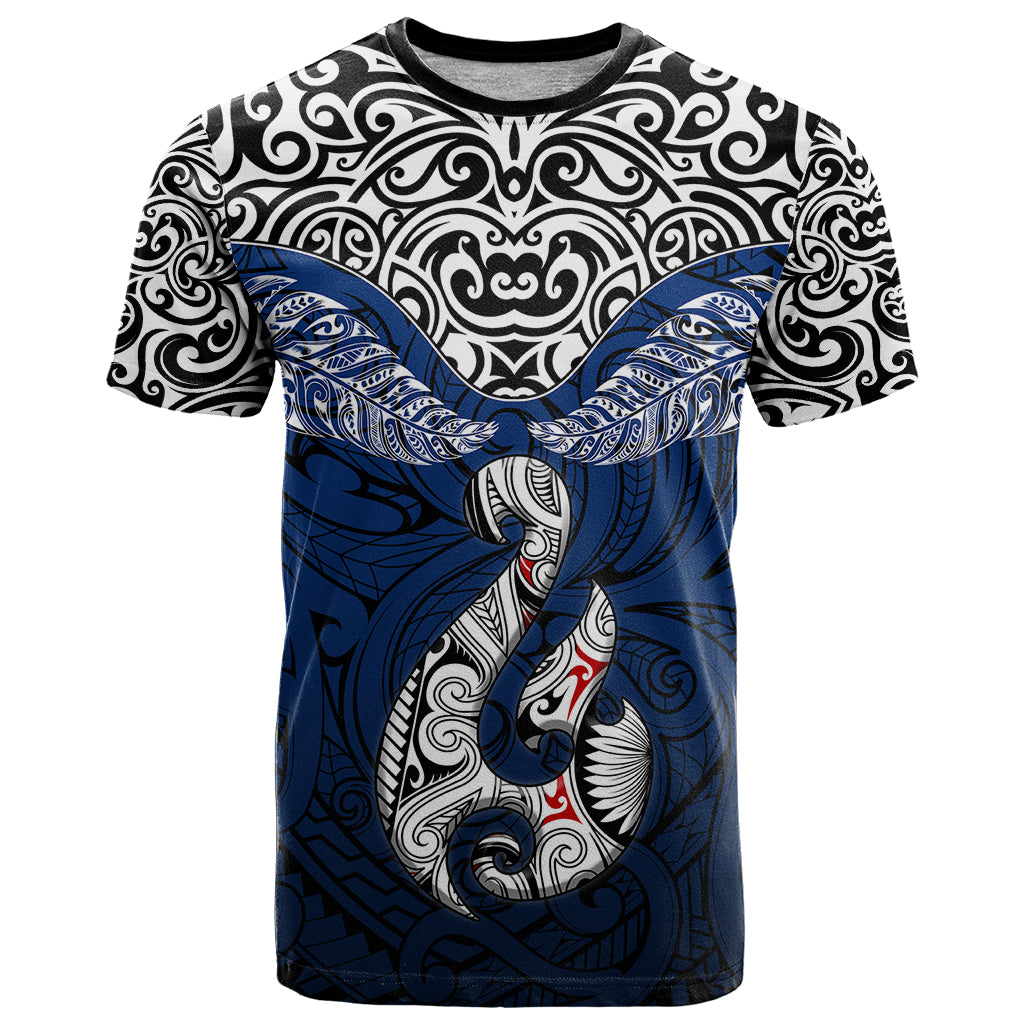 Custom Aotearoa New Zealand T Shirt Silver Fern and Matau with Maori Tribal Blue Style LT03 Blue - Polynesian Pride