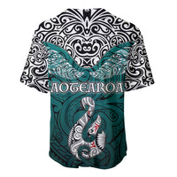 Aotearoa New Zealand Baseball Jersey Silver Fern and Matau with Maori Tribal Turquoise Style LT03 - Polynesian Pride