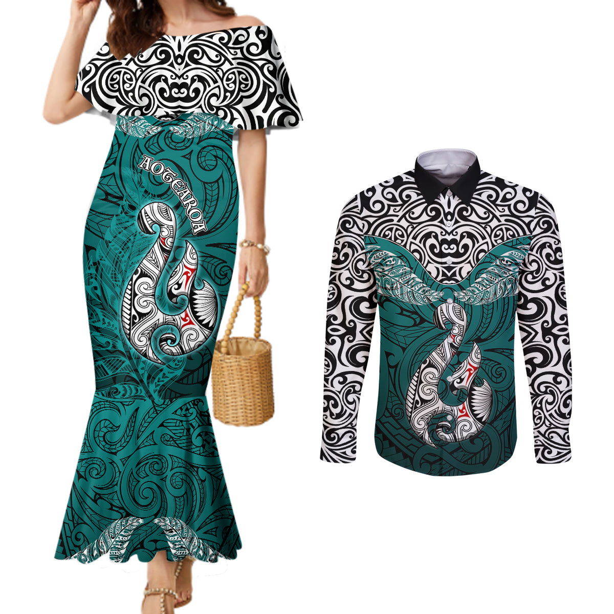 Aotearoa New Zealand Couples Matching Mermaid Dress and Long Sleeve Button Shirts Silver Fern and Matau with Maori Tribal Turquoise Style LT03 Turquoise - Polynesian Pride