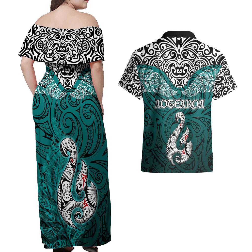 Aotearoa New Zealand Couples Matching Off Shoulder Maxi Dress and Hawaiian Shirt Silver Fern and Matau with Maori Tribal Turquoise Style LT03 - Polynesian Pride