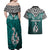 Aotearoa New Zealand Couples Matching Off Shoulder Maxi Dress and Hawaiian Shirt Silver Fern and Matau with Maori Tribal Turquoise Style LT03 - Polynesian Pride