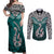 Aotearoa New Zealand Couples Matching Off Shoulder Maxi Dress and Long Sleeve Button Shirts Silver Fern and Matau with Maori Tribal Turquoise Style LT03 Turquoise - Polynesian Pride