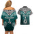 Aotearoa New Zealand Couples Matching Off Shoulder Short Dress and Hawaiian Shirt Silver Fern and Matau with Maori Tribal Turquoise Style LT03 - Polynesian Pride