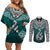 Aotearoa New Zealand Couples Matching Off Shoulder Short Dress and Long Sleeve Button Shirts Silver Fern and Matau with Maori Tribal Turquoise Style LT03 Turquoise - Polynesian Pride