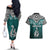 Aotearoa New Zealand Couples Matching Off The Shoulder Long Sleeve Dress and Hawaiian Shirt Silver Fern and Matau with Maori Tribal Turquoise Style LT03 - Polynesian Pride