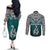 Aotearoa New Zealand Couples Matching Off The Shoulder Long Sleeve Dress and Long Sleeve Button Shirts Silver Fern and Matau with Maori Tribal Turquoise Style LT03 - Polynesian Pride