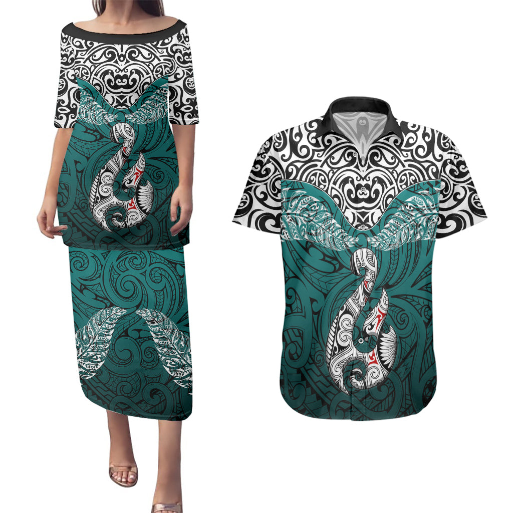 Aotearoa New Zealand Couples Matching Puletasi Dress and Hawaiian Shirt Silver Fern and Matau with Maori Tribal Turquoise Style LT03 Turquoise - Polynesian Pride