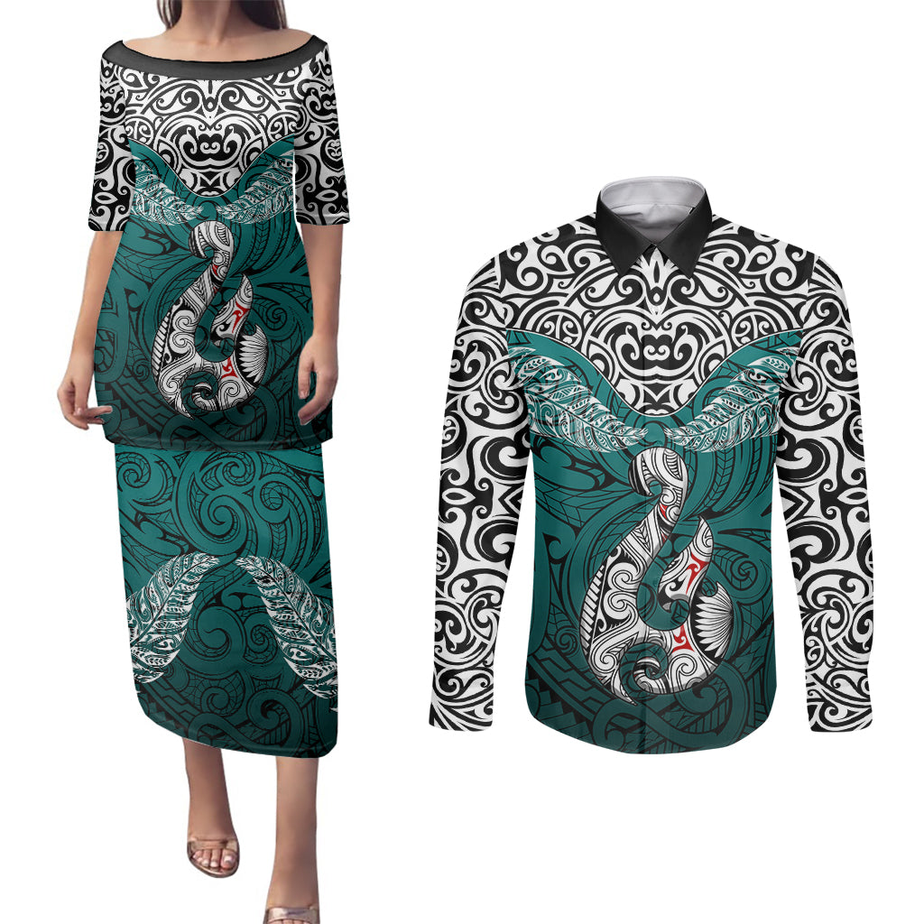 Aotearoa New Zealand Couples Matching Puletasi Dress and Long Sleeve Button Shirts Silver Fern and Matau with Maori Tribal Turquoise Style LT03 Turquoise - Polynesian Pride