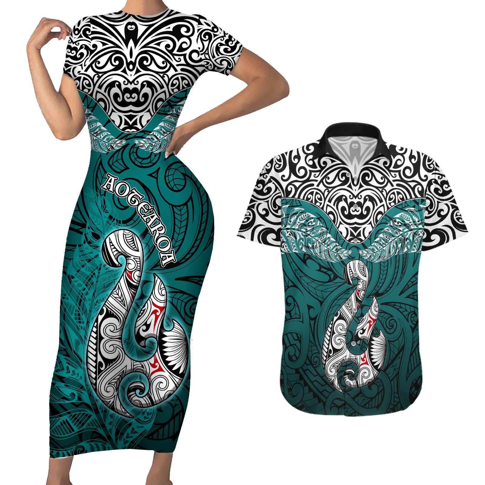 Aotearoa New Zealand Couples Matching Short Sleeve Bodycon Dress and Hawaiian Shirt Silver Fern and Matau with Maori Tribal Turquoise Style LT03 Turquoise - Polynesian Pride