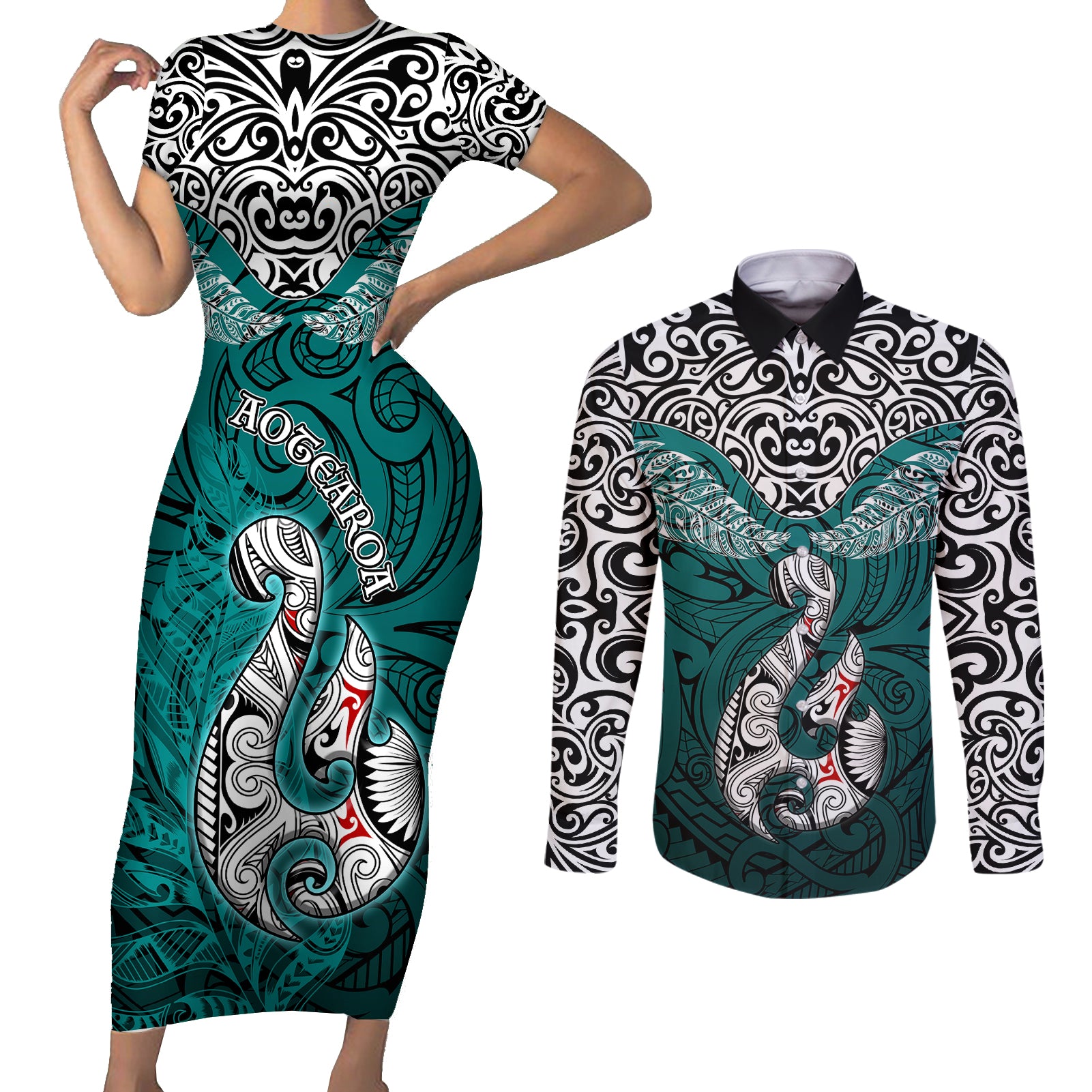 Aotearoa New Zealand Couples Matching Short Sleeve Bodycon Dress and Long Sleeve Button Shirts Silver Fern and Matau with Maori Tribal Turquoise Style LT03 Turquoise - Polynesian Pride