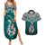 Aotearoa New Zealand Couples Matching Summer Maxi Dress and Hawaiian Shirt Silver Fern and Matau with Maori Tribal Turquoise Style LT03 Turquoise - Polynesian Pride