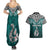 Aotearoa New Zealand Couples Matching Summer Maxi Dress and Hawaiian Shirt Silver Fern and Matau with Maori Tribal Turquoise Style LT03 - Polynesian Pride