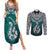 Aotearoa New Zealand Couples Matching Summer Maxi Dress and Long Sleeve Button Shirts Silver Fern and Matau with Maori Tribal Turquoise Style LT03 Turquoise - Polynesian Pride