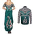 Aotearoa New Zealand Couples Matching Summer Maxi Dress and Long Sleeve Button Shirts Silver Fern and Matau with Maori Tribal Turquoise Style LT03 - Polynesian Pride