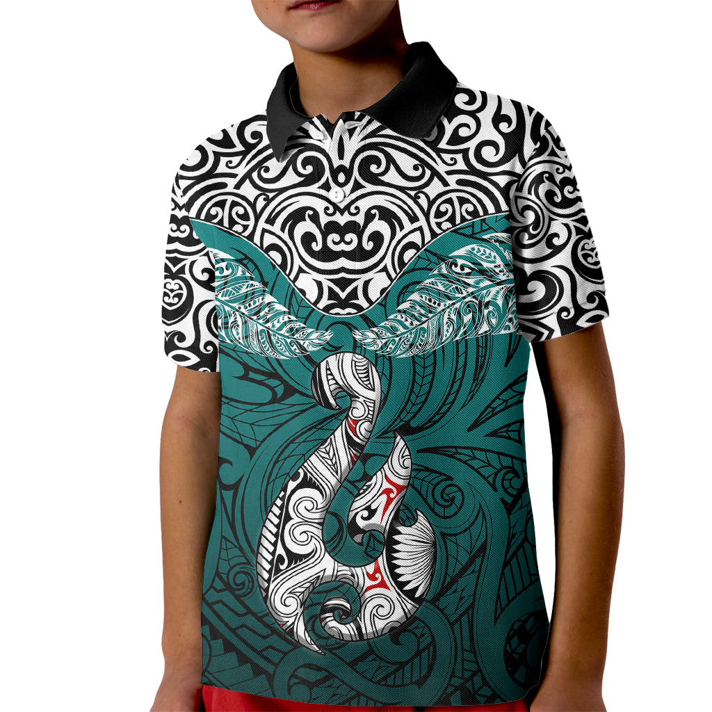 Aotearoa New Zealand Kid Polo Shirt Silver Fern and Matau with Maori Tribal Turquoise Style LT03 Kid Turquoise - Polynesian Pride