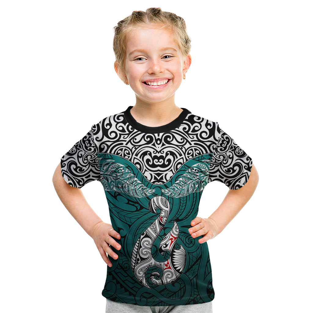 Aotearoa New Zealand Kid T Shirt Silver Fern and Matau with Maori Tribal Turquoise Style LT03 Turquoise - Polynesian Pride