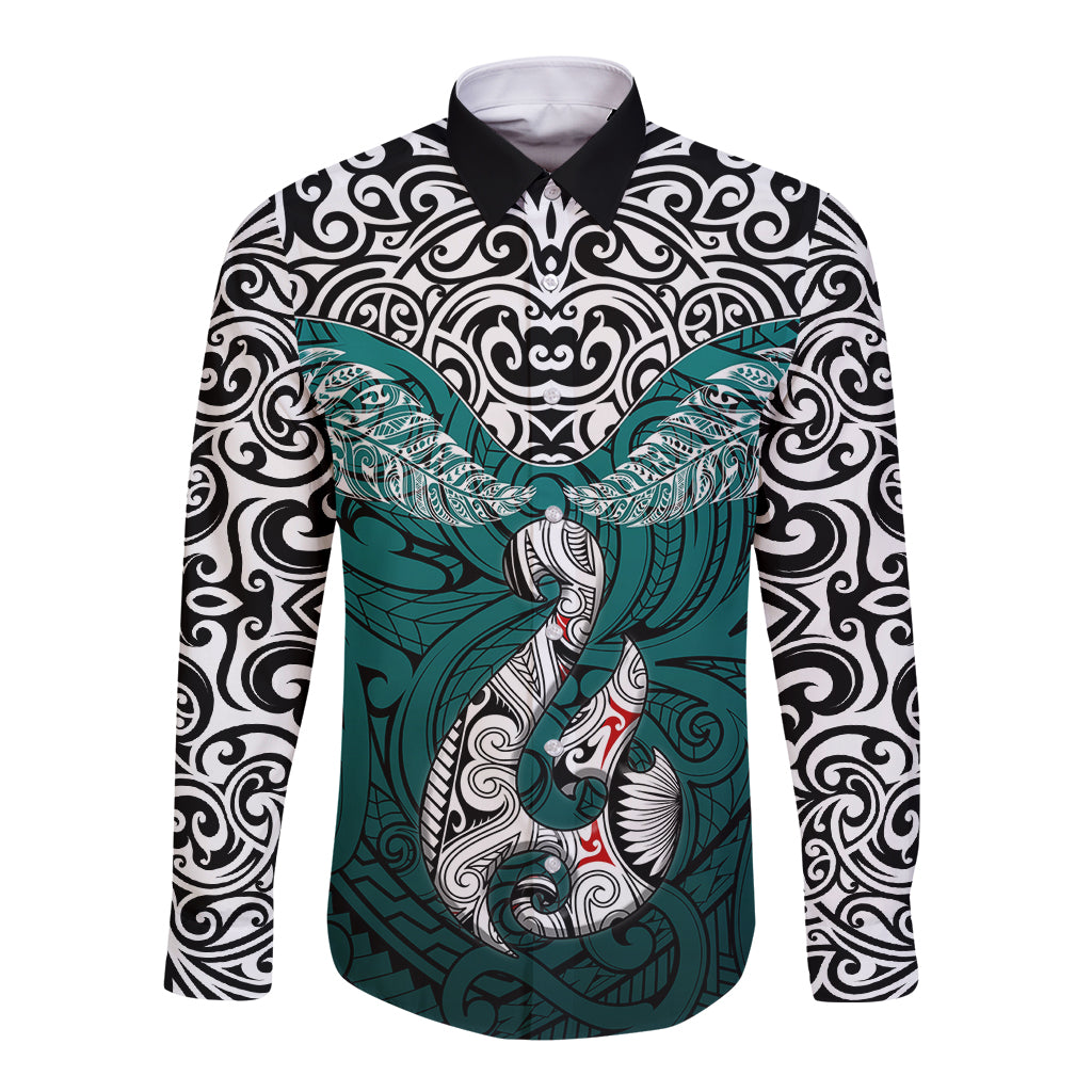 Aotearoa New Zealand Long Sleeve Button Shirt Silver Fern and Matau with Maori Tribal Turquoise Style LT03 Unisex Turquoise - Polynesian Pride