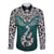 Aotearoa New Zealand Long Sleeve Button Shirt Silver Fern and Matau with Maori Tribal Turquoise Style LT03 Unisex Turquoise - Polynesian Pride