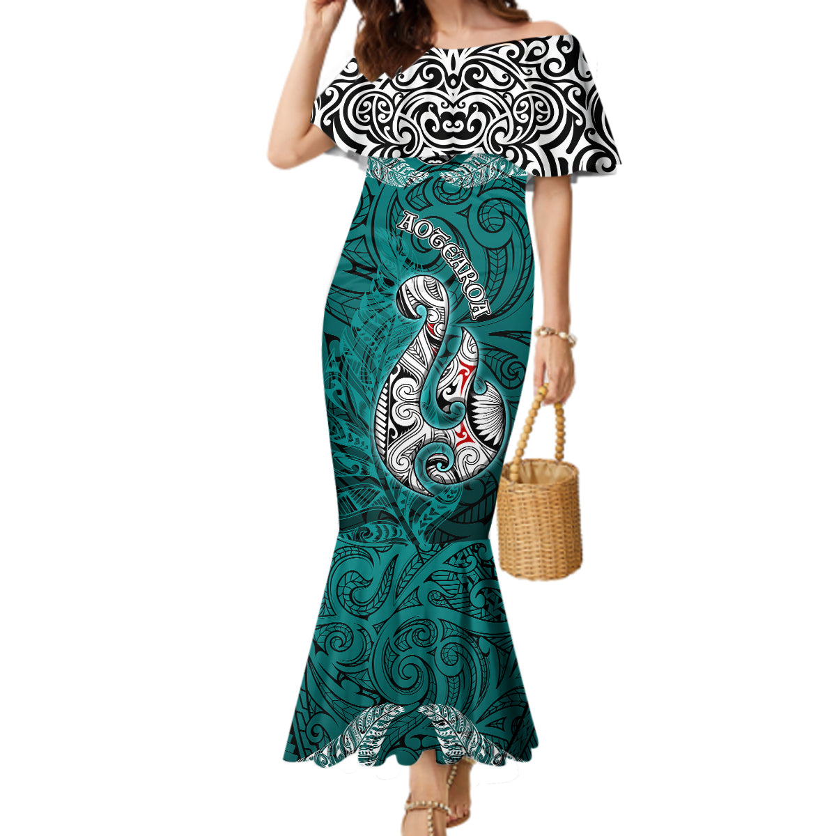 Aotearoa New Zealand Mermaid Dress Silver Fern and Matau with Maori Tribal Turquoise Style LT03 Women Turquoise - Polynesian Pride