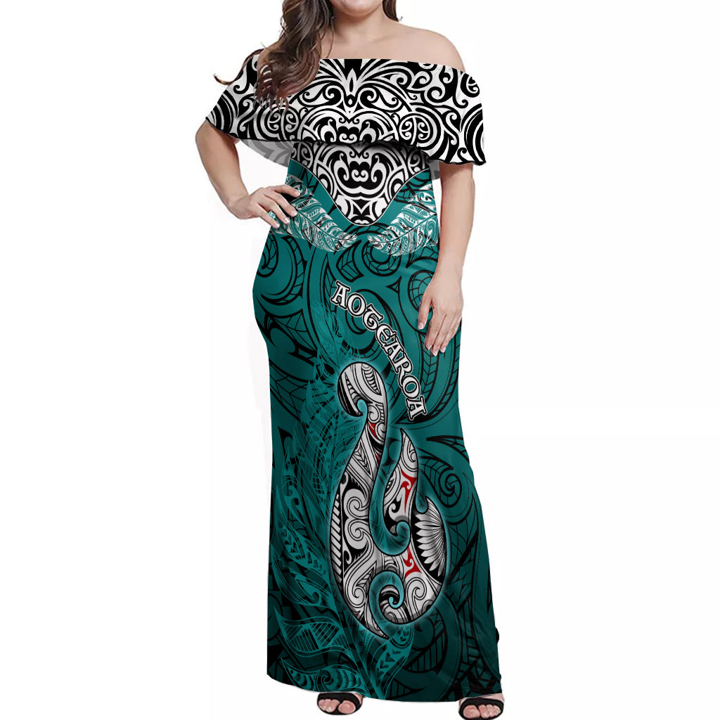 Aotearoa New Zealand Off Shoulder Maxi Dress Silver Fern and Matau with Maori Tribal Turquoise Style LT03 Women Turquoise - Polynesian Pride