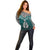 Aotearoa New Zealand Off Shoulder Sweater Silver Fern and Matau with Maori Tribal Turquoise Style LT03 - Polynesian Pride