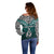 Aotearoa New Zealand Off Shoulder Sweater Silver Fern and Matau with Maori Tribal Turquoise Style LT03 - Polynesian Pride