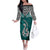 Aotearoa New Zealand Off The Shoulder Long Sleeve Dress Silver Fern and Matau with Maori Tribal Turquoise Style LT03 Women Turquoise - Polynesian Pride