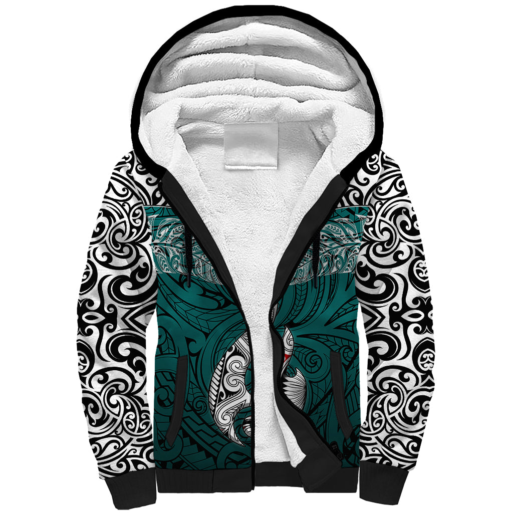 Aotearoa New Zealand Sherpa Hoodie Silver Fern and Matau with Maori Tribal Turquoise Style LT03 Unisex Turquoise - Polynesian Pride