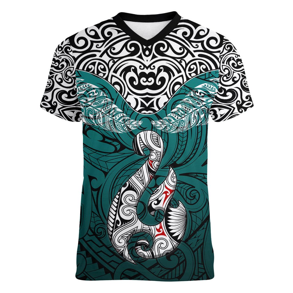 Aotearoa New Zealand Women V Neck T Shirt Silver Fern and Matau with Maori Tribal Turquoise Style LT03 Female Turquoise - Polynesian Pride