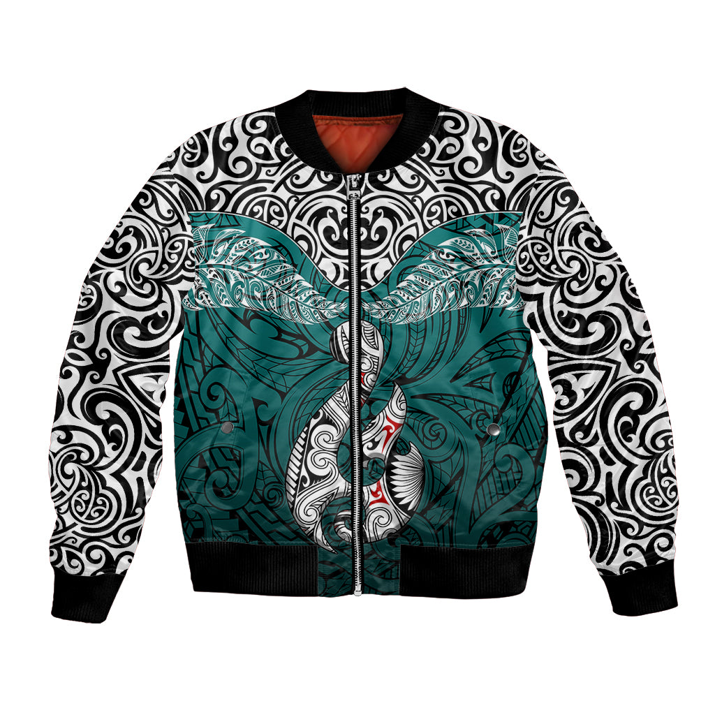 Custom Aotearoa New Zealand Bomber Jacket Silver Fern and Matau with Maori Tribal Turquoise Style LT03 Unisex Turquoise - Polynesian Pride