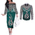 Custom Aotearoa New Zealand Couples Matching Off The Shoulder Long Sleeve Dress and Long Sleeve Button Shirts Silver Fern and Matau with Maori Tribal Turquoise Style LT03 Turquoise - Polynesian Pride