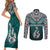 Custom Aotearoa New Zealand Couples Matching Short Sleeve Bodycon Dress and Long Sleeve Button Shirts Silver Fern and Matau with Maori Tribal Turquoise Style LT03 - Polynesian Pride