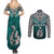 Custom Aotearoa New Zealand Couples Matching Summer Maxi Dress and Long Sleeve Button Shirts Silver Fern and Matau with Maori Tribal Turquoise Style LT03 - Polynesian Pride