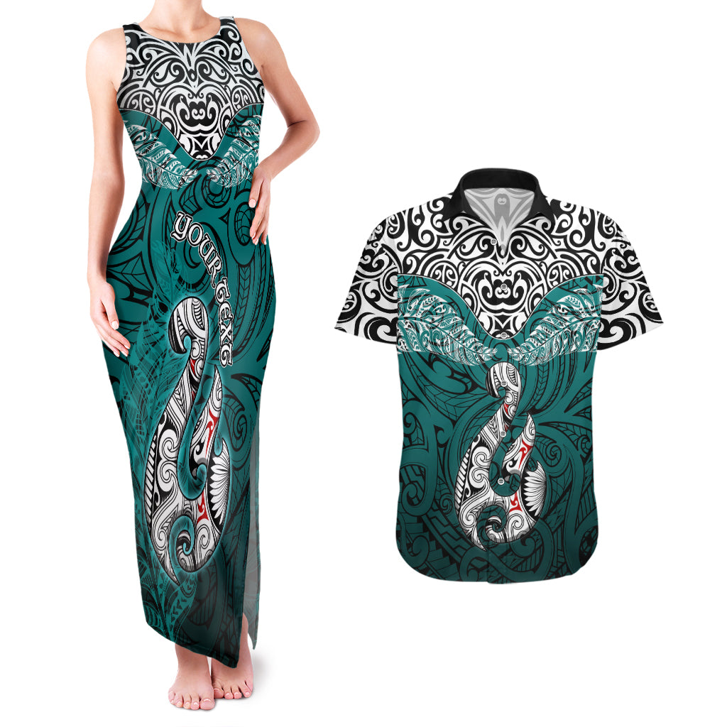 Custom Aotearoa New Zealand Couples Matching Tank Maxi Dress and Hawaiian Shirt Silver Fern and Matau with Maori Tribal Turquoise Style LT03 Turquoise - Polynesian Pride