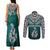 Custom Aotearoa New Zealand Couples Matching Tank Maxi Dress and Long Sleeve Button Shirts Silver Fern and Matau with Maori Tribal Turquoise Style LT03 - Polynesian Pride