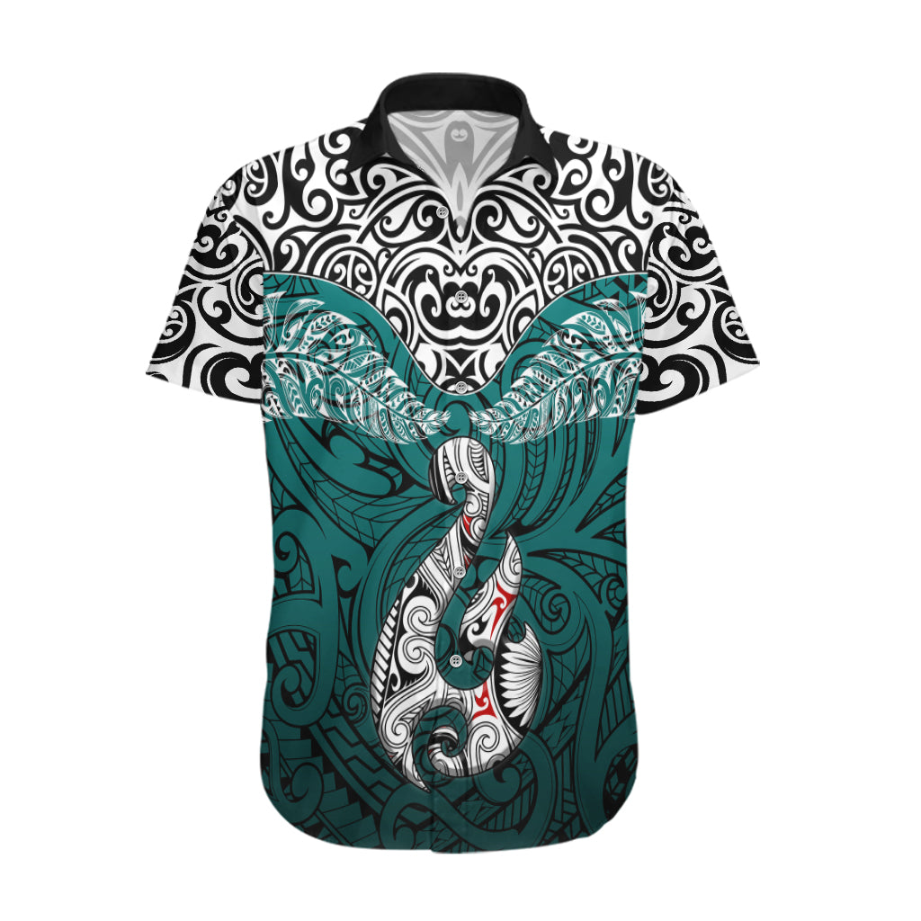 Custom Aotearoa New Zealand Hawaiian Shirt Silver Fern and Matau with Maori Tribal Turquoise Style LT03 Turquoise - Polynesian Pride