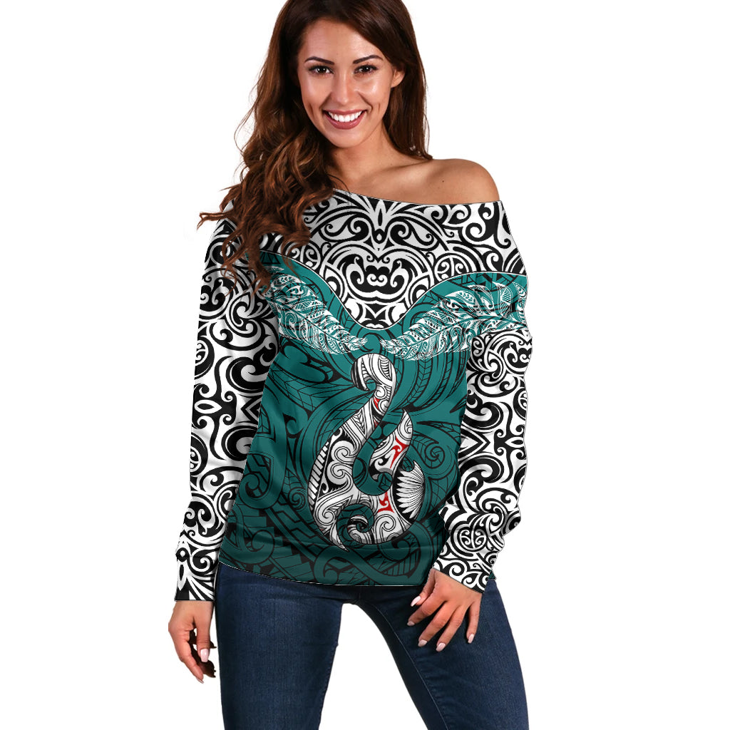 Custom Aotearoa New Zealand Off Shoulder Sweater Silver Fern and Matau with Maori Tribal Turquoise Style LT03 Women Turquoise - Polynesian Pride