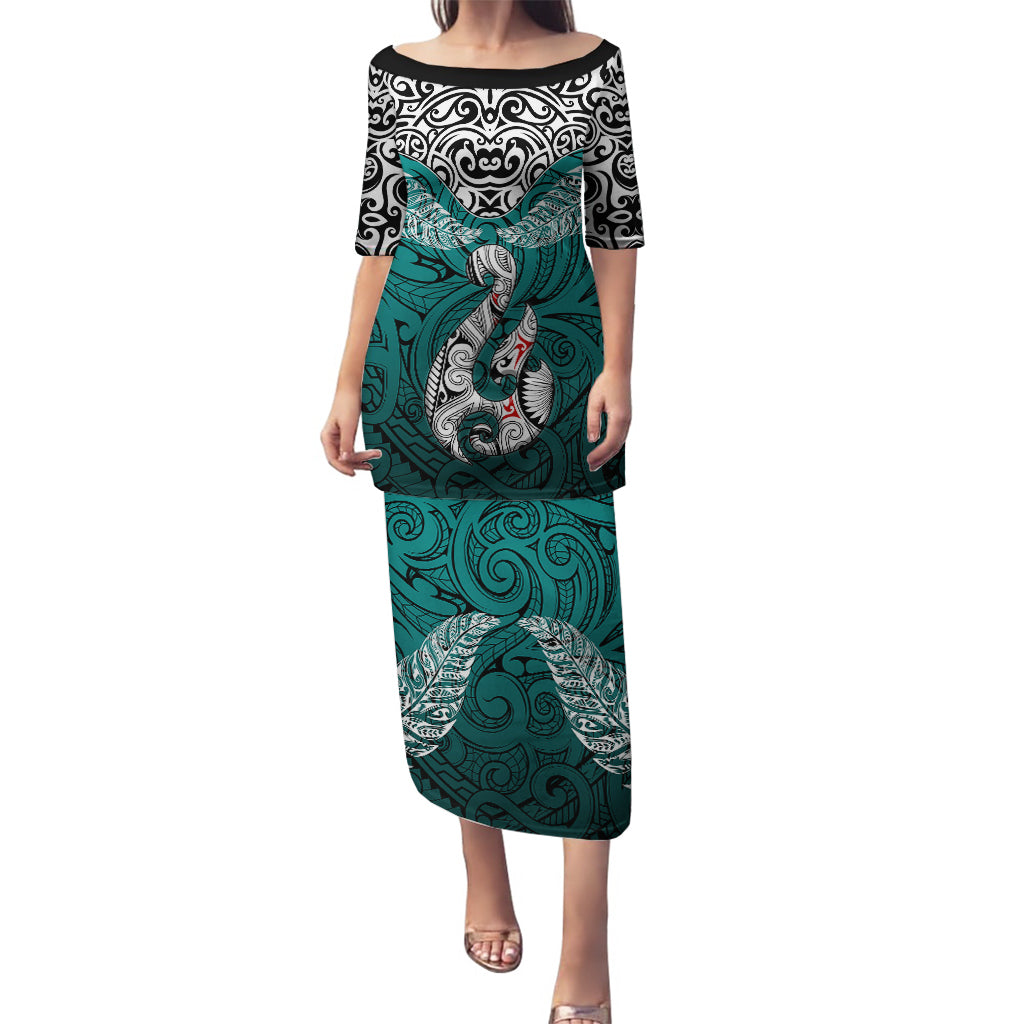 Custom Aotearoa New Zealand Puletasi Silver Fern and Matau with Maori Tribal Turquoise Style LT03 Long Dress Turquoise - Polynesian Pride