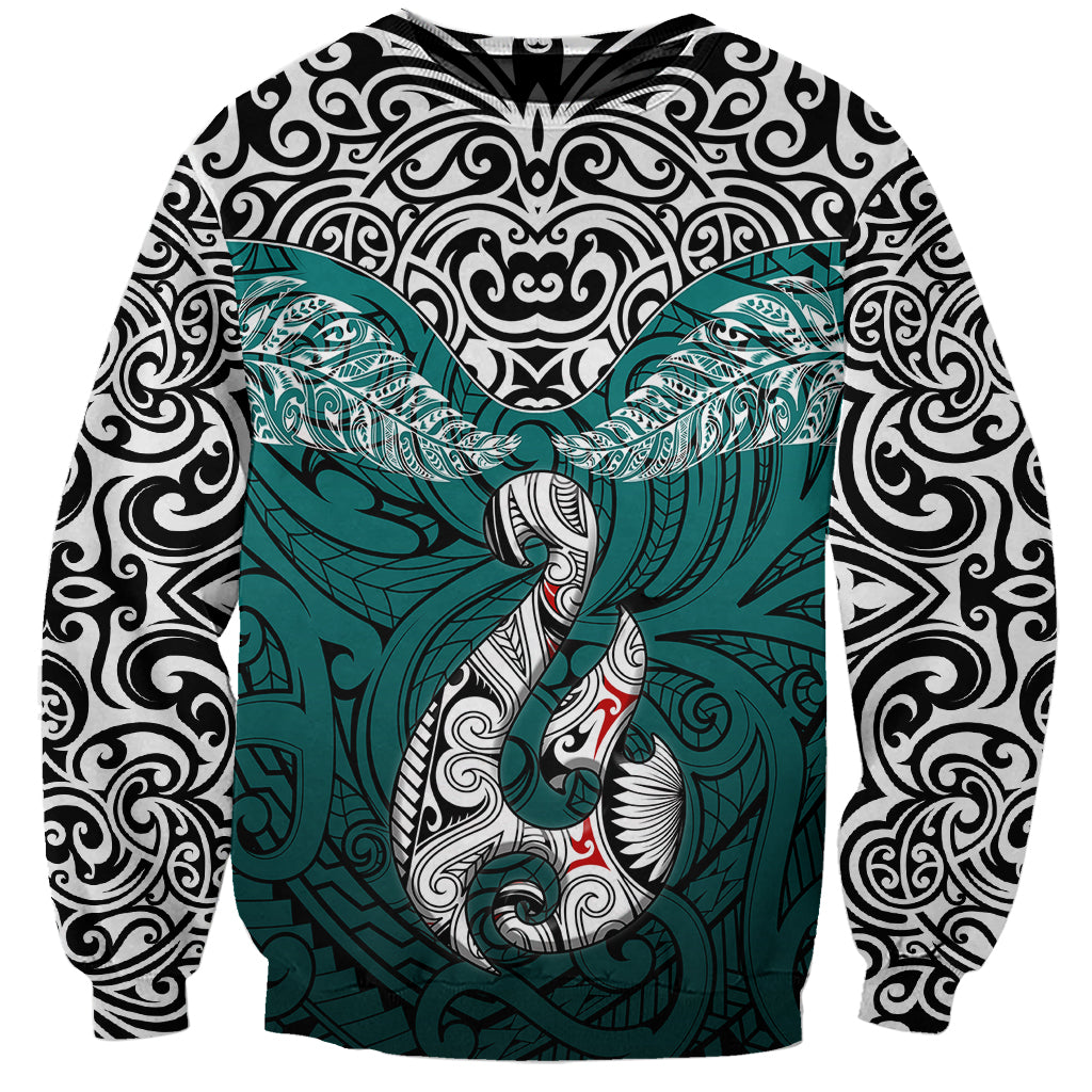 Custom Aotearoa New Zealand Sweatshirt Silver Fern and Matau with Maori Tribal Turquoise Style LT03 Unisex Turquoise - Polynesian Pride