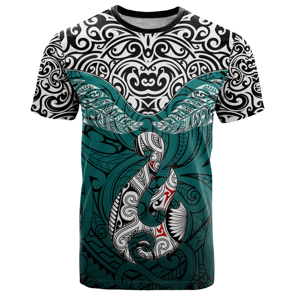 Custom Aotearoa New Zealand T Shirt Silver Fern and Matau with Maori Tribal Turquoise Style LT03 Turquoise - Polynesian Pride