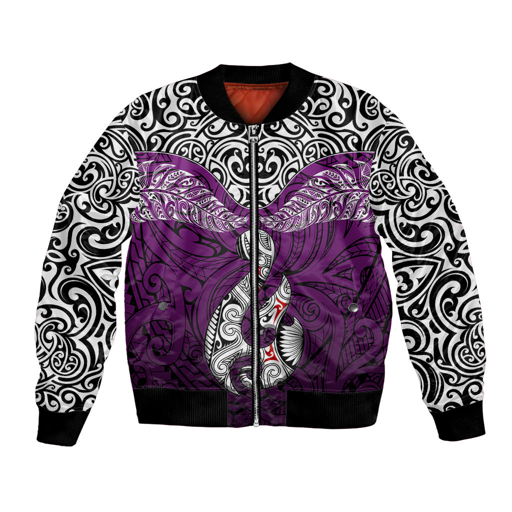 Aotearoa New Zealand Bomber Jacket Silver Fern and Matau with Maori Tribal Pink Style LT03 Unisex Pink - Polynesian Pride