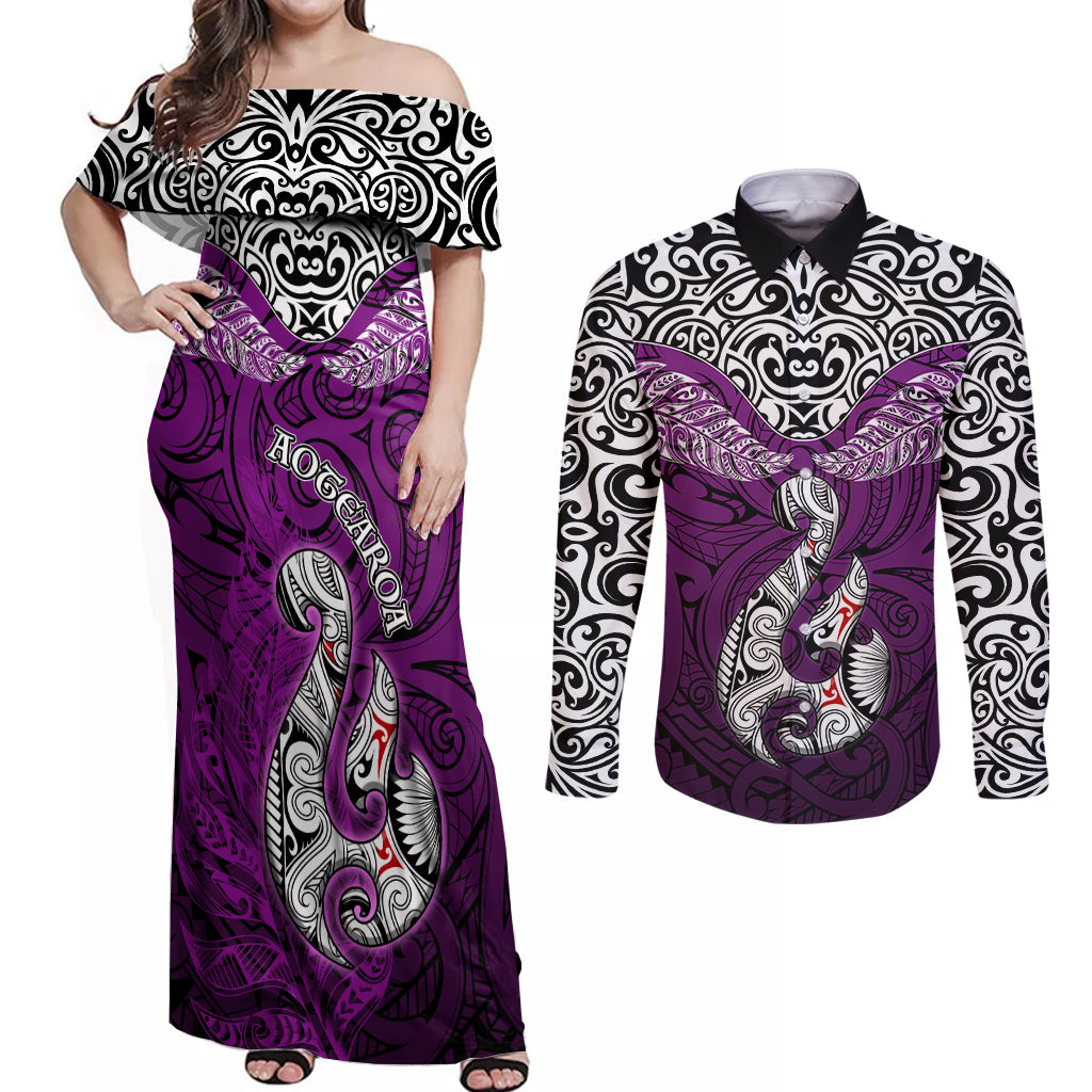 Aotearoa New Zealand Couples Matching Off Shoulder Maxi Dress and Long Sleeve Button Shirts Silver Fern and Matau with Maori Tribal Pink Style LT03 Pink - Polynesian Pride