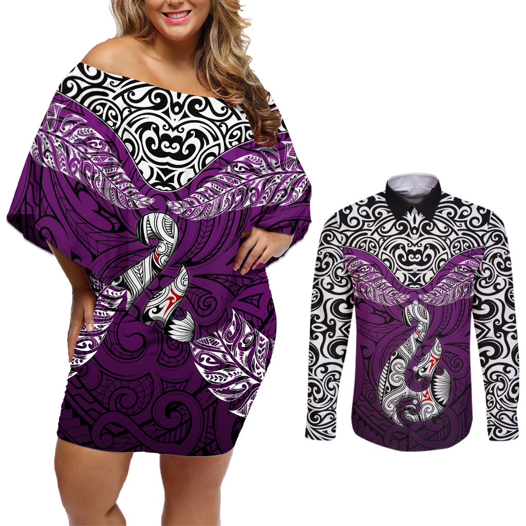 Aotearoa New Zealand Couples Matching Off Shoulder Short Dress and Long Sleeve Button Shirts Silver Fern and Matau with Maori Tribal Pink Style LT03 Pink - Polynesian Pride