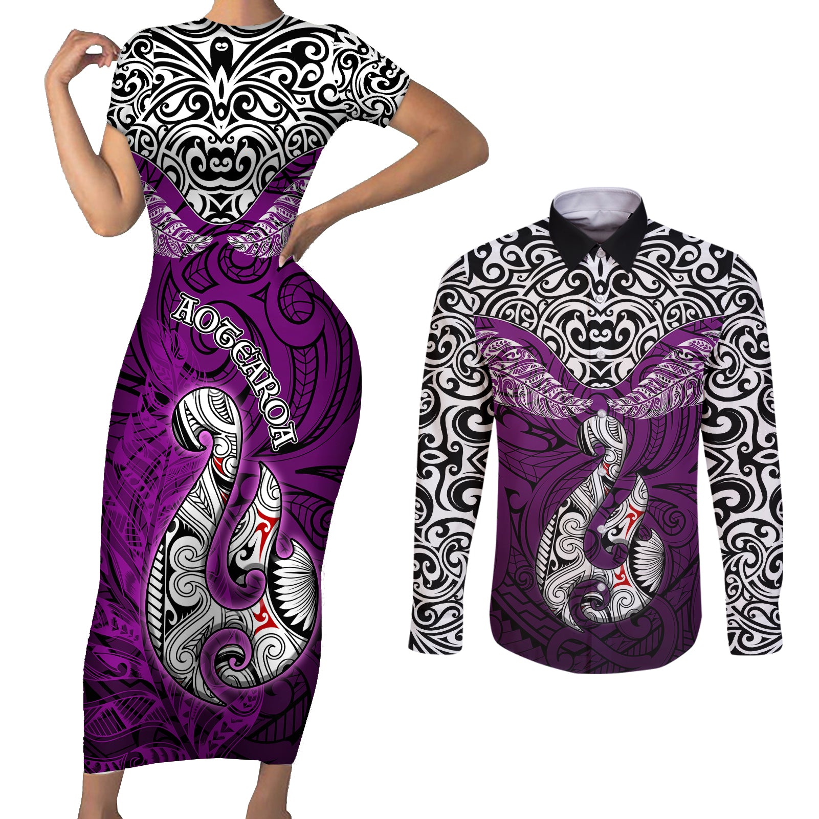 Aotearoa New Zealand Couples Matching Short Sleeve Bodycon Dress and Long Sleeve Button Shirts Silver Fern and Matau with Maori Tribal Pink Style LT03 Pink - Polynesian Pride