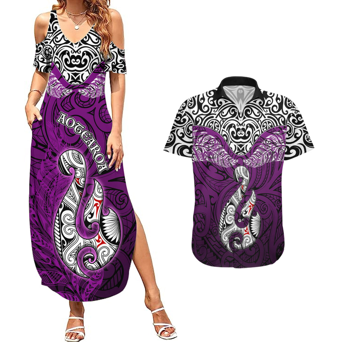 Aotearoa New Zealand Couples Matching Summer Maxi Dress and Hawaiian Shirt Silver Fern and Matau with Maori Tribal Pink Style LT03 Pink - Polynesian Pride