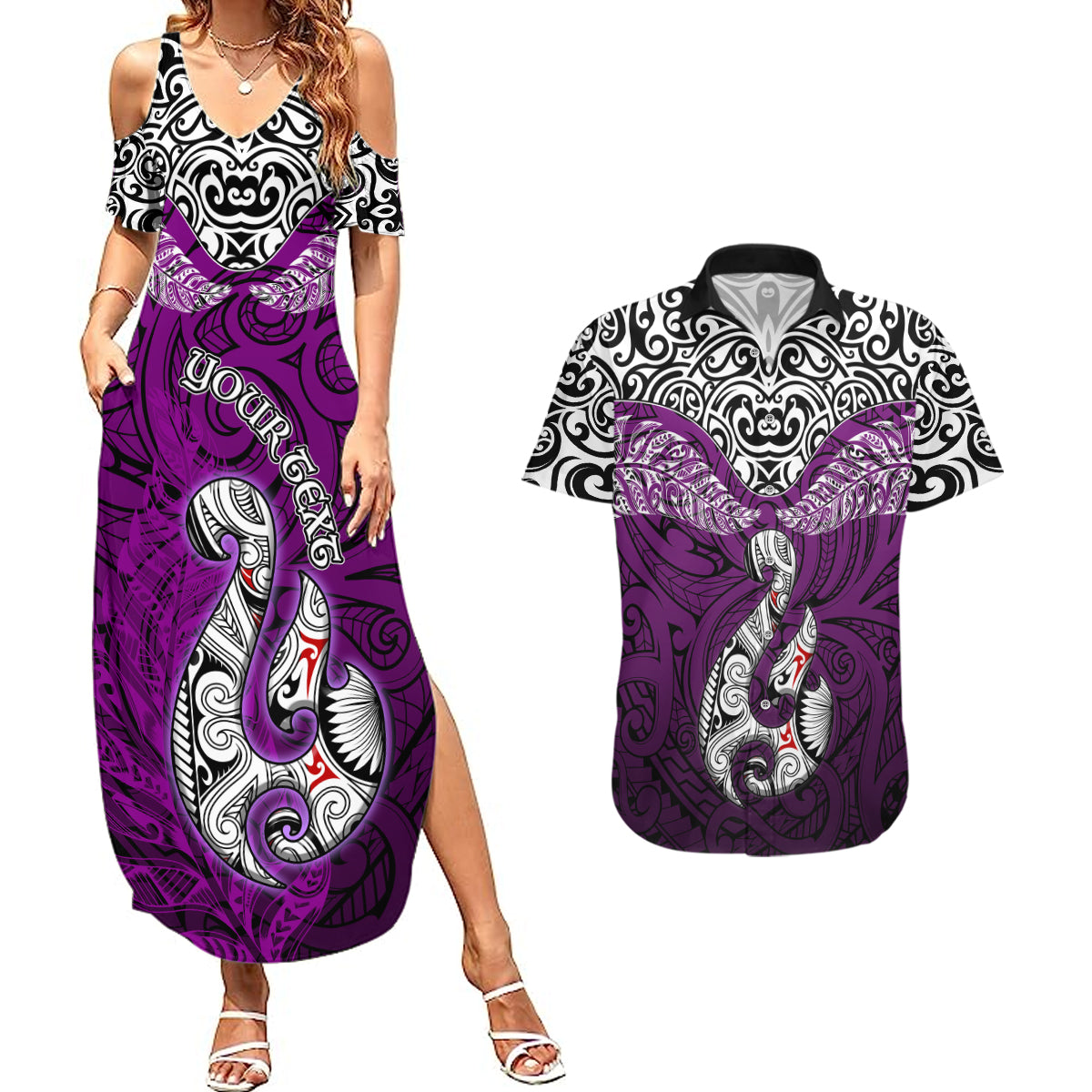 Custom Aotearoa New Zealand Couples Matching Summer Maxi Dress and Hawaiian Shirt Silver Fern and Matau with Maori Tribal Pink Style LT03 Pink - Polynesian Pride