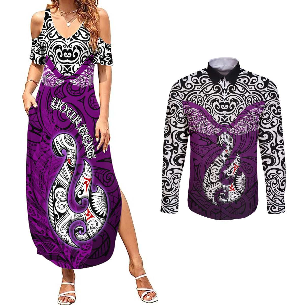 Custom Aotearoa New Zealand Couples Matching Summer Maxi Dress and Long Sleeve Button Shirts Silver Fern and Matau with Maori Tribal Pink Style LT03 Pink - Polynesian Pride