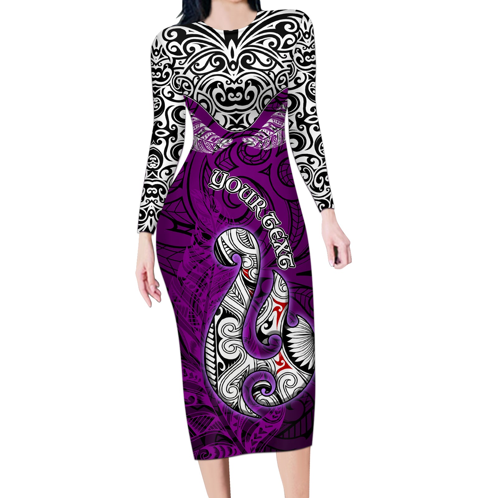 Custom Aotearoa New Zealand Long Sleeve Bodycon Dress Silver Fern and Matau with Maori Tribal Pink Style LT03 Long Dress Pink - Polynesian Pride