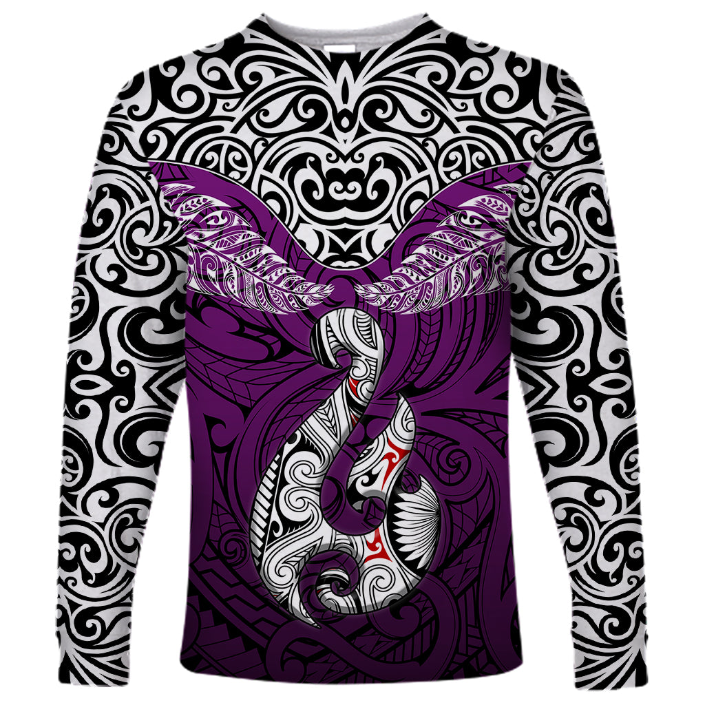 Custom Aotearoa New Zealand Long Sleeve Shirt Silver Fern and Matau with Maori Tribal Pink Style LT03 Unisex Pink - Polynesian Pride