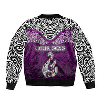 Custom Aotearoa New Zealand Sleeve Zip Bomber Jacket Silver Fern and Matau with Maori Tribal Pink Style LT03 - Polynesian Pride